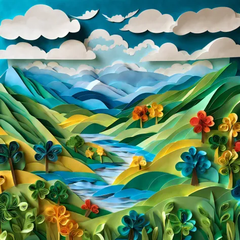 A masterpiece of paper art with a beautiful view of the blue sky, Lots of farmland, Lush green mountains and water in the background，White clouds. The highest standard of image quality, Has a detailed paper texture and a clear focus. Paper art is carefully...