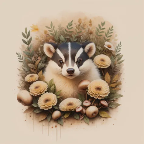 Theres a badger in a pile of leaves and mushrooms, elefante caprichoso, tejon etéreo, por Jeka Kemp, Beautiful autumn spirit, autumn, Badger illustration, por Andrée Ruellan, hermoso tejon, por Caroline Chariot-Dayez, Animal celefante, Teniente Zofia Stryj...