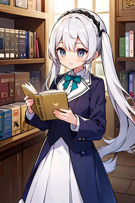 {high quality}, library, {girl with white hair and jade eyes}, {having fine books}, {wearing a navy blue tuxedo}, noble, elegant,