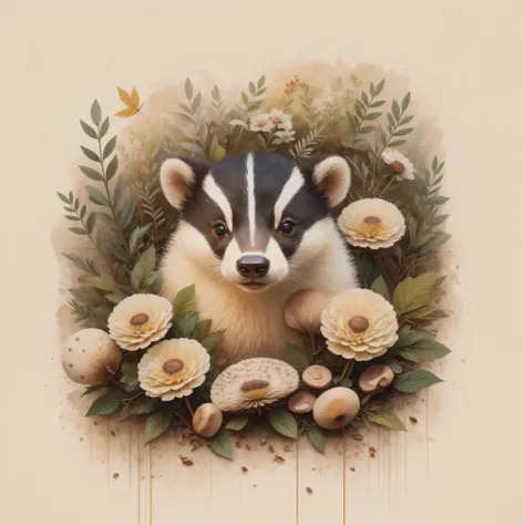 Theres a badger in a pile of leaves and mushrooms, elefante caprichoso, tejon etéreo, por Jeka Kemp, Beautiful autumn spirit, autumn, Badger illustration, por Andrée Ruellan, Beautiful Badger, por Caroline Chariot-Dayez, Animal celefante, Teniente Zofia St...