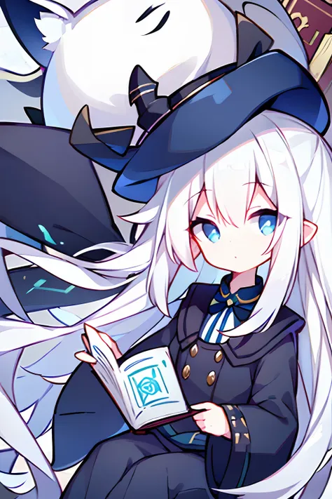 {high quality}, library, {girl with white hair and jade eyes}, {having fine books}, {wearing a navy blue tuxedo}, noble, elegant...