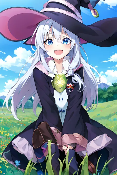 anime girl in a witch hat sitting in a field of flowers, popular isekai anime, anime visual of a cute girl, flirty anime witch casting magic, official anime artwork, official art, official anime still, isekai, splash art anime loli, best anime 4k konachan ...