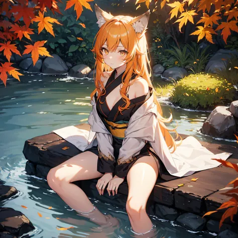 autumnal、the woods、Colored leaves、 hot onsen, sitting on, (top-quality), ((​masterpiece)), Original, Kimono、bath robe、(extremely delicate and beautiful),((详细的脸))、beautiful finely detailed eyes、hair messy、
1girl in,full body Esbian,(Golden Eyes),(Akame),(Wo...