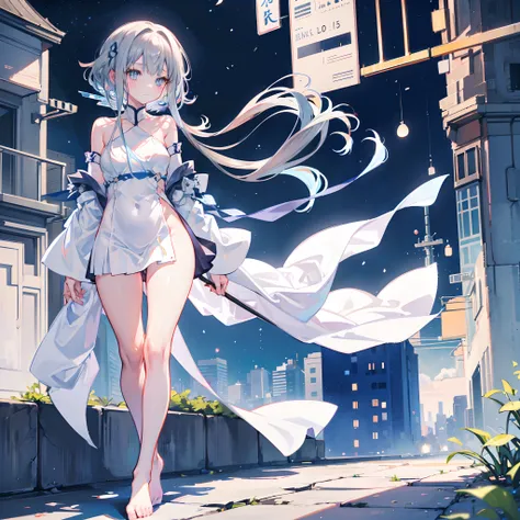 An anime teen girl, ((walking on the streets)), (((wearing white silk robe around body))), barefoot, cinematic light, slim body with curves, skin is perfectly white, soft, and smooth, ((no nsfw)), Extremely delicate and beautiful CG illustration, best qual...