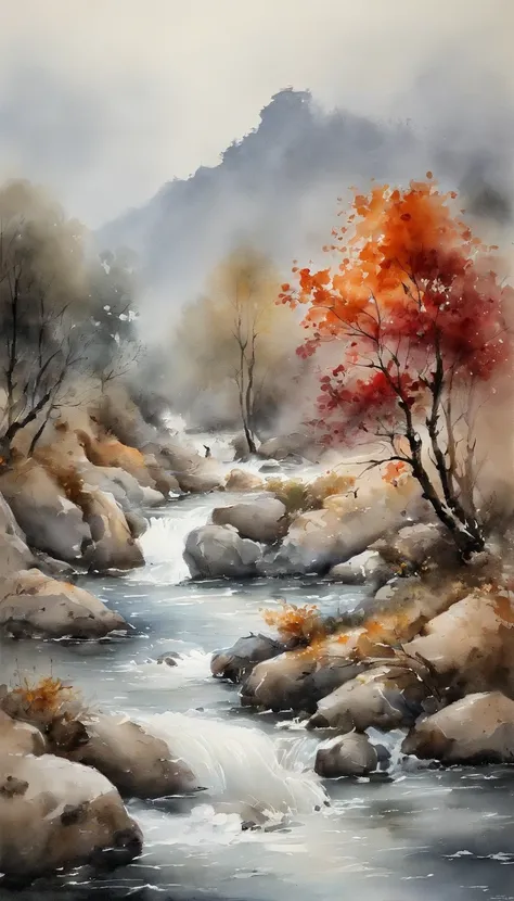 Chinese landscape painting，ink and watercolor painting，water ink，ink，Smudge，Faraway view，Ultra-wide viewing angle，Meticulous，Fishing boat vistas，Meticulous，Smudge，low-saturation，Low contrast，Fishing alone in the cold river snow，snow landscape，Beautifully d...