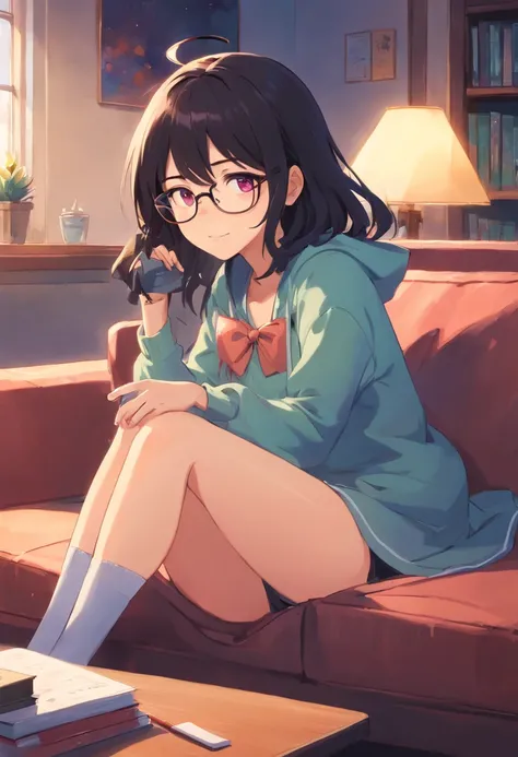 girl with、soio、the witch、kawaii、moody、Prone to Depression、Forcing yourself to laugh、wears glasses、Honor Students、Looks smart、Know、Black hair、Pink eyes、coward、hut、Sitting on the couch