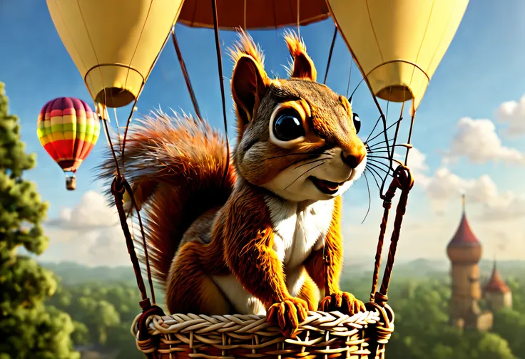 (best quality, 4k, 8k, high resolution, masterpiece: 1.2), ultra detailed, (realistic, photorealistic, photorealistic: 1.37), (An adventurous squirrel inside a hot air balloon: 1.42), dressed in glasses and aviator hat . Backlit construction scene. Image t...