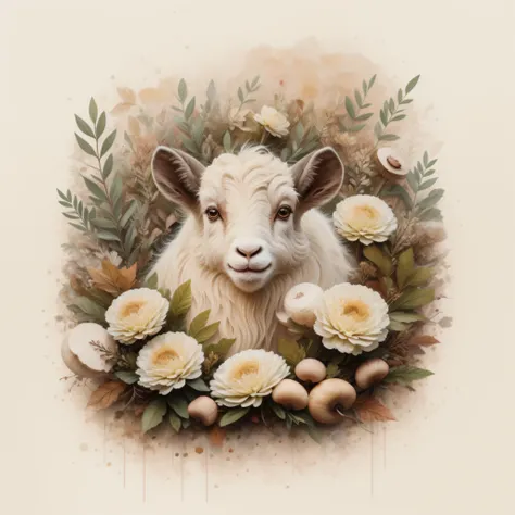 Theres a goat in a pile of leaves and mushrooms, elefante caprichoso, Ethereal Goat, por Jeka Kemp, Beautiful autumn spirit, autumn, Goat illustration, por Andrée Ruellan, cabra hermoso, por Caroline Chariot-Dayez, Animal nte, cabra Zofia Stryjenska, El en...