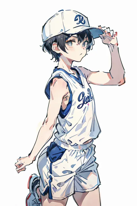 1 boy、Sleeveless、short-haired、Standing、White Baseball Cap、School gym clothes、simple background