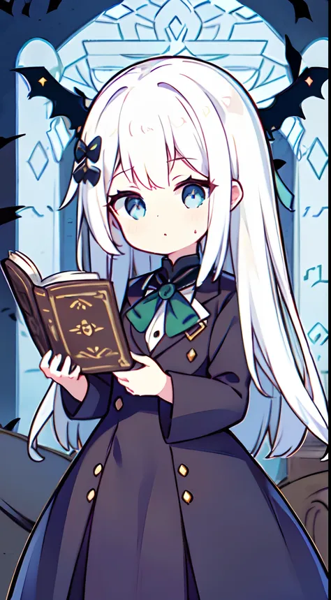 {high quality}, church, Halloween, haunted, funny, {girl with white hair and jade eyes}, {having fine books}, {wearing a navy blue tuxedo}, noble, elegant,