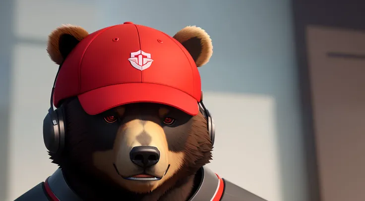 Theres a bear wearing a red hat and headphones, portrait of anthropomorphic bear, Wojtek FUS, anthropomorphic samurai bear, renderizado em cinema 4 d, renderizado em cinema4d, trending on dribbble.mascote com, renderizado em keyshot, renderizado em redshif...