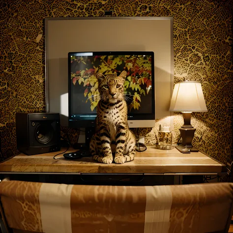 Leopard color cat sitting on a table computer laptop, autumn wallpaper on a monitor, mashroom pizza on a table, kodak porta, cinematic photo