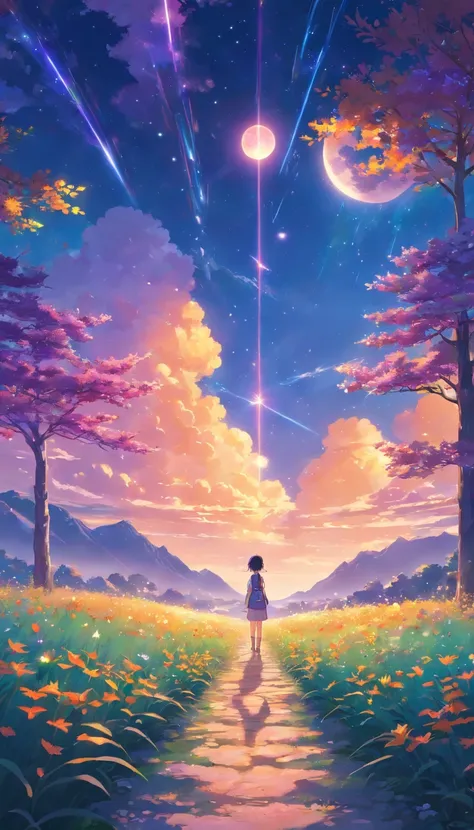 Vast landscape photos，（look from down，Above is the sky，Below are open fields），a girl standing on flower field looking up，（moon full：1.2），（meteors：0.9），（Starcloud：1.3），Far Mountain, Tree BREAK making art，（Warm light source：1.2），（glowworm：1.2），lamp lights，lo...