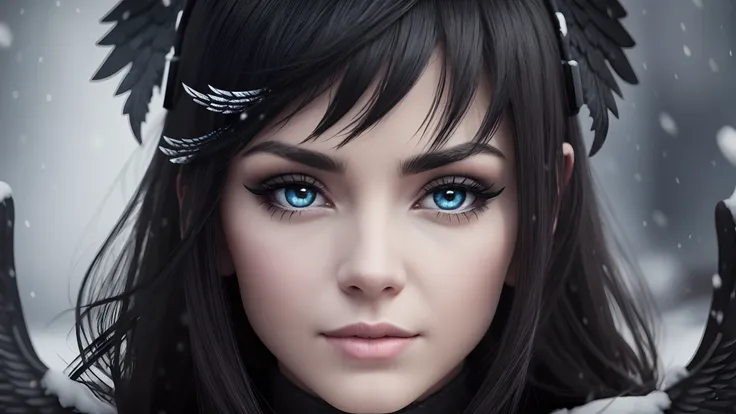 a woman with two black wings, in a dark snow land, ultra details, realistic vision, face ultra details --auto --s2