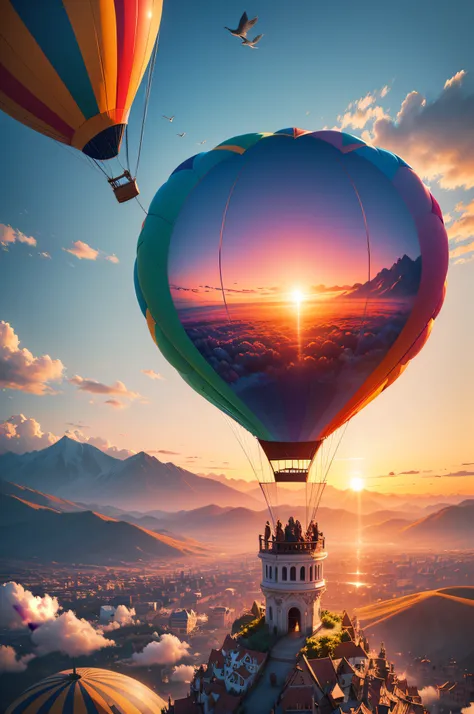 (masterpiece) aerial photography, foil hot air balloon surrounded by colorful birds, in the sunset, flamboyant colors, dreamer, magical.  (depth of field, best quality, digital art, ultra detailed)