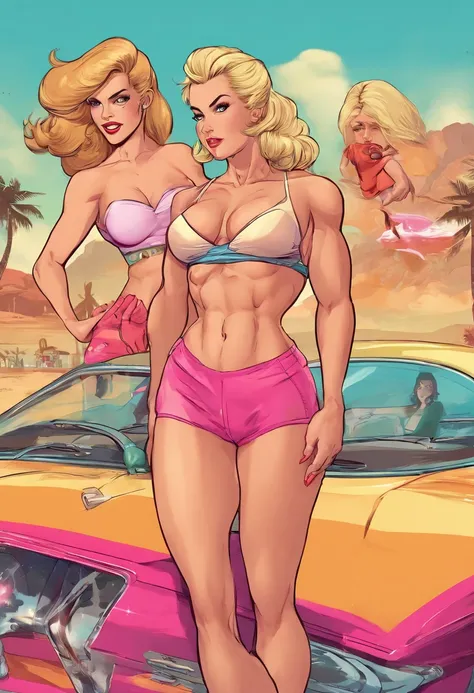 Generar ilustraciones , Glassmorphism, Obra maestra, Best Film, Estilo de la cultura pop, pulpa, QUEBRAR, a 30 years-old woman,rubia,norteamericana, (musculosa:1.1),(Female Bodybuilders:1.2),(Huge breasts that are about to burst:1.3),(Abdominales)、Altura 1...