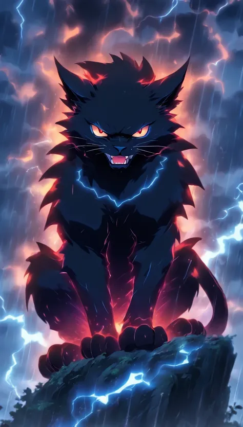 The black devil cat sits with its back., Blue-black flame, wild, sharp fangs, Fierce eyes, Open your mouth to see sharp teeth., Sitting on a high mountain in the rain, Overcast, lightning, thunder