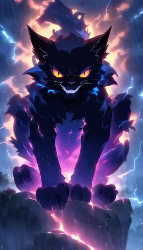 The black devil cat sits with its back., Blue-black flame, wild, sharp fangs, Fierce eyes, Open your mouth to see sharp teeth., Sitting on a high mountain in the rain, Overcast, lightning, thunder