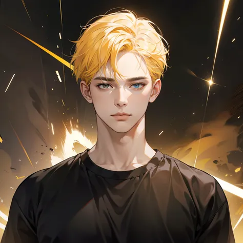 Masterpiece, high quality, best quality, HD, realistic, perfect lighting, detailed body, 1 man, yellow hair, face expression, black t-shirt, thunder background.