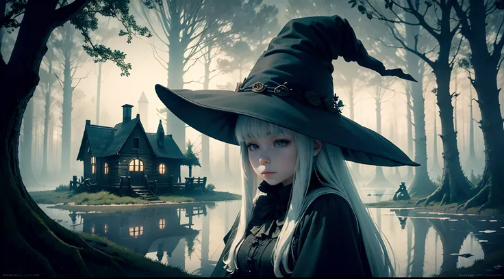 detailed, beautiful, foggy swamp, wide shot,view from far, a little witch house, dusk, a lot of trees, calm, (witch sitting in the chair on the witchs house, huge witch hat, bright white skin, eyes covered with hat)