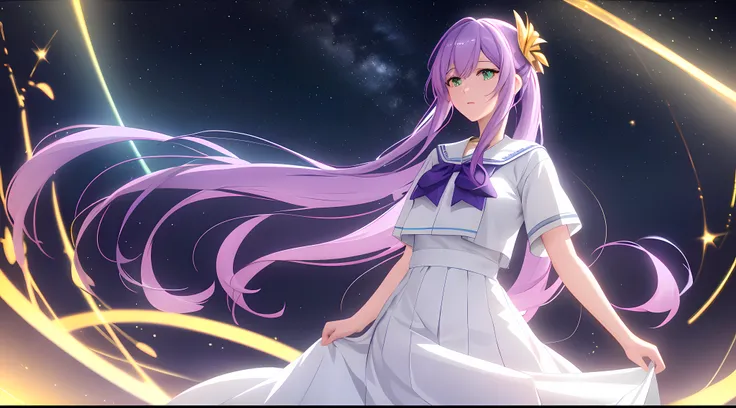 Athena with plain long light purple hair,hair between eyes,green eyes,rosy cheeks,full lips,thin eyebrows,slender body,wearing sailor uniform and full long skirt,cute anime girl,full body,desert night sky nebulae in background,anime style,Lumen Reflections...