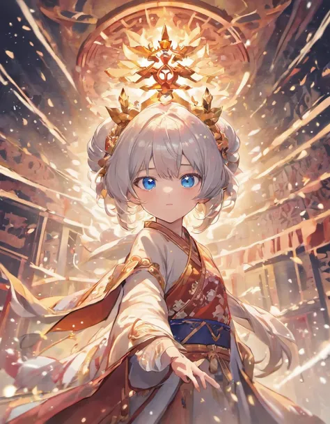 Blue Eyes，Confucianism，Full body like，Crown of white hair，Detailed hairpins，Sharp eyes，byself，Look ahead，Plum blossom background，High-contrast colors，Extremely realistic，8K Ultra Clear，Long gun in hand，Beautiful，Ray traching，Vivid colors，The yellow silk ta...