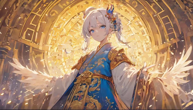 Blue Eyes，Confucianism，Full body like，Crown of white hair，Detailed hairpins，Sharp eyes，byself，Look ahead，Plum blossom background，High-contrast colors，Extremely realistic，8K Ultra Clear，Long gun in hand，Beautiful，Ray traching，Vivid colors，The yellow silk ta...