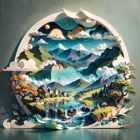 （with blue sky and white clouds，Green Mountains and Green Water，terraced），（（arte em papel cortado，layered paper art，Flat paper cutout，Stacked，Hollow-out on，3Drenderingof））