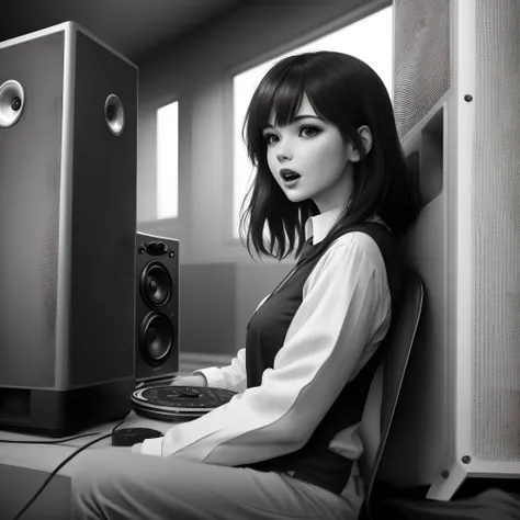 Dark-haired woman with loudspeaker　Cool　monochromes