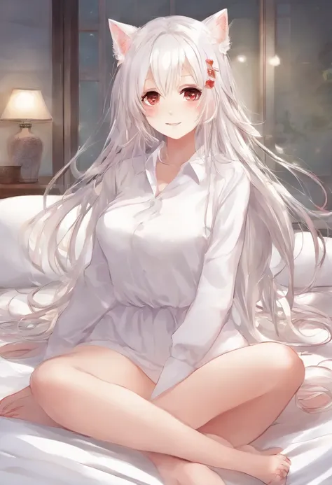 1girll，独奏，Full body from the front，The girl sits on the bed，Wear a short white skirt and a white shirt，Soft light shines on the blush，The barefoot，long leges , Long hair ,fox ear，coda、Girl with red eyes and white hair，Bigboobs。