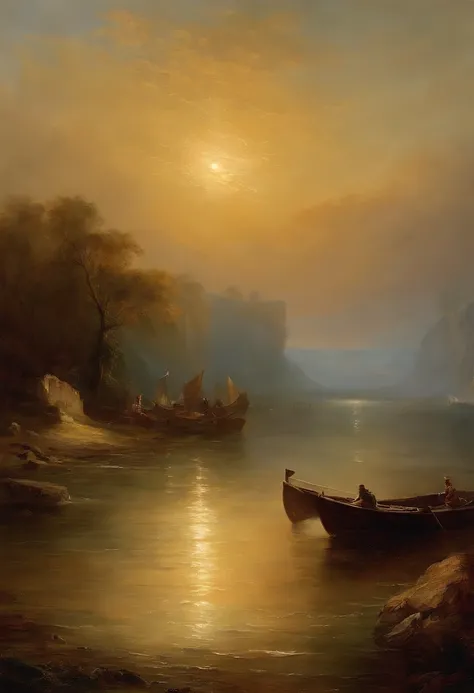 Generate artwork in the style of J.M.W. Turner, the renowned English Romantic artist. Create a scene featuring dramatic landscapes, seascapes, or historical settings with an emphasis on capturing the play of light, color, and atmosphere. The artwork should...