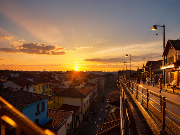 The sunset is shining on the town in autumn