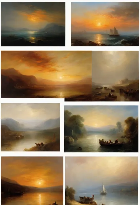 Generate artwork in the style of J.M.W. Turner, the renowned English Romantic artist. Create a scene featuring dramatic landscapes, seascapes, or historical settings with an emphasis on capturing the play of light, color, and atmosphere. The artwork should...