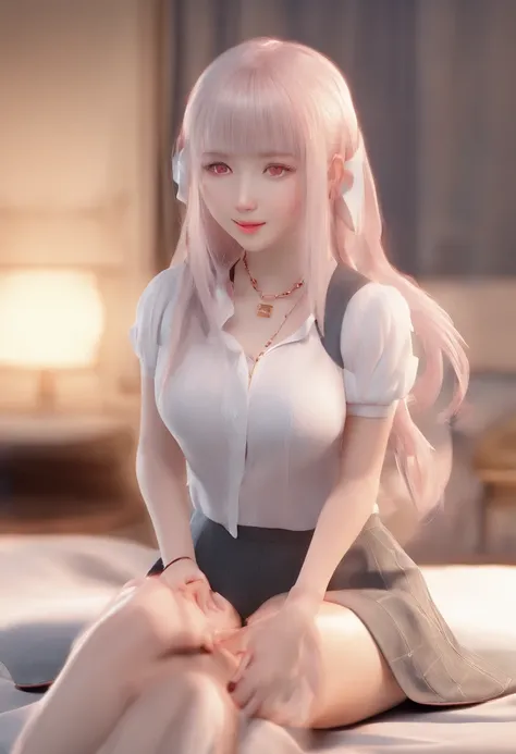 1girll，独奏，Full body from the front，The girl sits on the bed，Wear a short white skirt and a white shirt，Soft light shines on the blush，The barefoot，long leges , Long hair ,fox ear，coda、Girl with red eyes and white hair，Bigboobs。