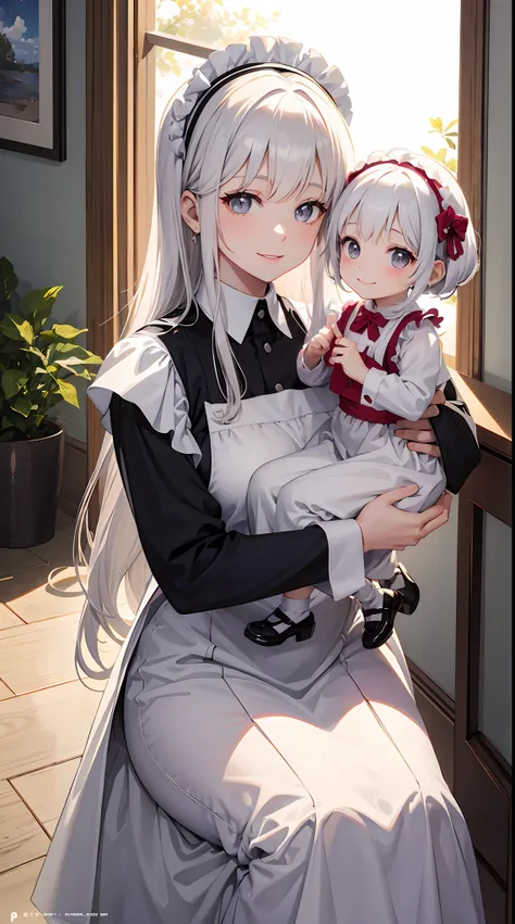 Cover magazine. A mother holding her daughter. Mommy is holding a loli. Both are smiling at the camera. The child makes a love pose with her finger. They in maid clothes. They have white hair. The mom standing.