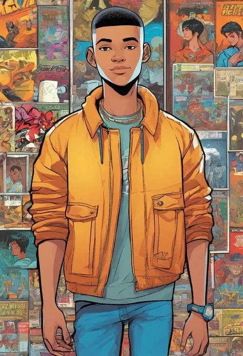 Vector Illustration of an 18 year old teenager named "Gigabin". He wears a jacket and jeans. He is tall and has buzz cut hair. full body. walking.