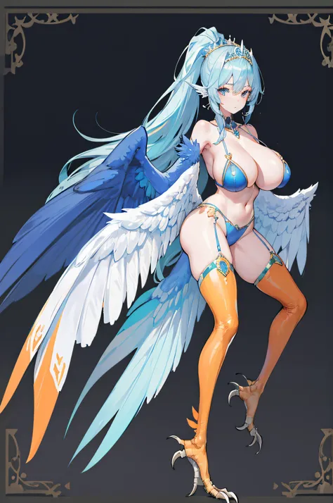 4k,hight resolution,One Woman,harpy,lightblue hair,Long ponytail,huge tit,large white wings,Orange claws,A queen,The Queens Tiara,Black high-leg pants,Black bra,jewel decorations,in woods