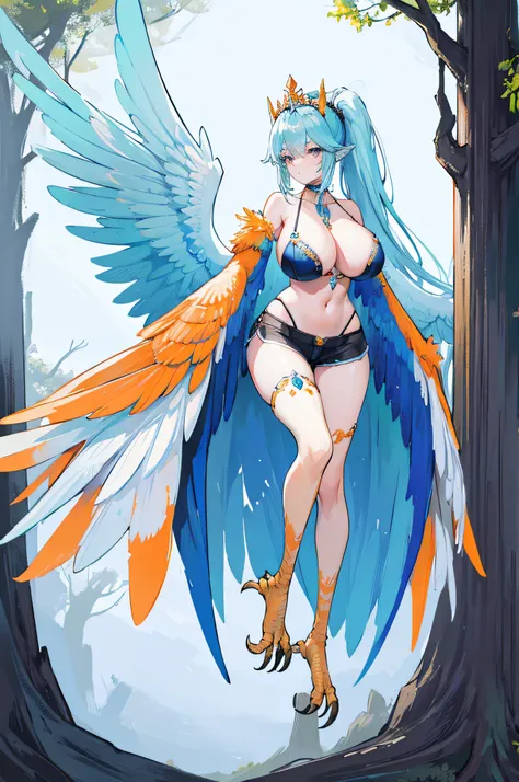 4k,hight resolution,One Woman,harpy,lightblue hair,Long ponytail,huge tit,large white wings,Orange claws,A queen,The Queens Tiara,Black high-leg shorts,Black bra,jewel decorations,in woods