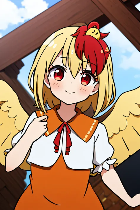 KUTAKA NIWATARI, RED EYES, LIGHT YELLOW HAIR, RED HAIR EXTENSION, SHORT HAIR, LIGHT YELLOW WINGS, LIGHT YELLOW FEATHERY TAIL, ORANGE DRESS, WHITE JACKET, ORANGE PURITAN COLLAR, RED RIBBON, BROWN BOOTS