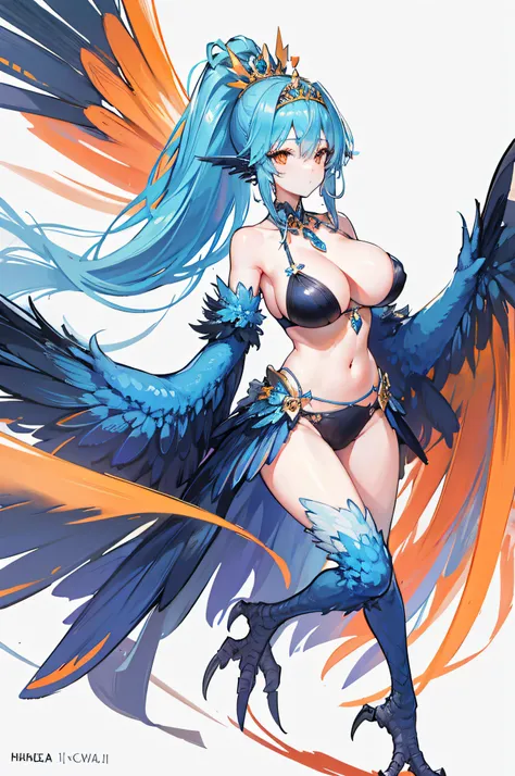 4k,hight resolution,One Woman,harpy,lightblue hair,Long ponytail,huge tit,large white wings,Orange claws,A queen,The Queens Tiara,undergarment,Black bra,jewel decorations