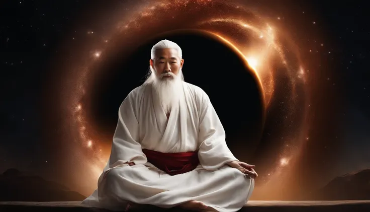 30-year-old Asian middle-aged Taoist priest sitting in the universe with his eyes closed,long  white hair，Meditate，There is a white beard，Meditation cross-legged，Daoism, Wear a white robe，white sash，magic aura，Taoist master,Taoist，The entire galactic starr...