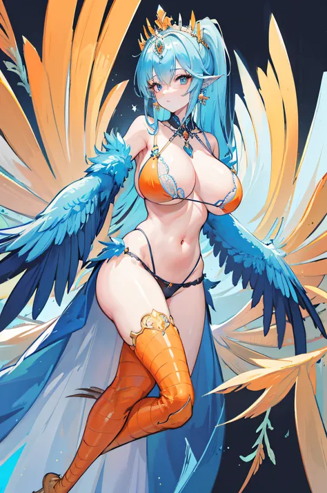 4k,hight resolution,One Woman,harpy,lightblue hair,Long ponytail,huge tit,large white wings,Orange claws,A queen,The Queens Tiara,undergarment,Black bra,jewel decorations