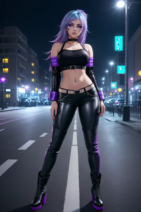 beautiful girl, full body, short bright cyan and purple streaked dishevelled hair, large blue piercing eyes, black eyeshadow, (street style wear:1.2), ((tight fitted pants)), ((knee high leather boots)), (city night background:1.2), dark makeup, digital ar...