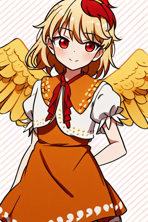 KUTAKA NIWATARI, RED EYES, LIGHT YELLOW HAIR, RED HAIR EXTENSION, SHORT HAIR, LIGHT YELLOW WINGS, LIGHT YELLOW FEATHERY TAIL, ORANGE DRESS, WHITE JACKET, ORANGE PURITAN COLLAR, RED RIBBON, BROWN BOOTS