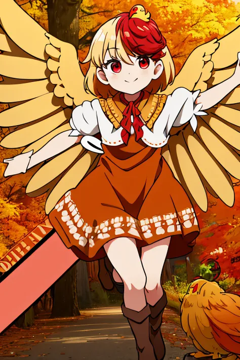 KUTAKA NIWATARI, RED EYES, LIGHT YELLOW HAIR, RED HAIR EXTENSION, SHORT HAIR, LIGHT YELLOW WINGS, LIGHT YELLOW FEATHERY TAIL, ORANGE DRESS, WHITE JACKET, ORANGE PURITAN COLLAR, RED RIBBON, BROWN BOOTS