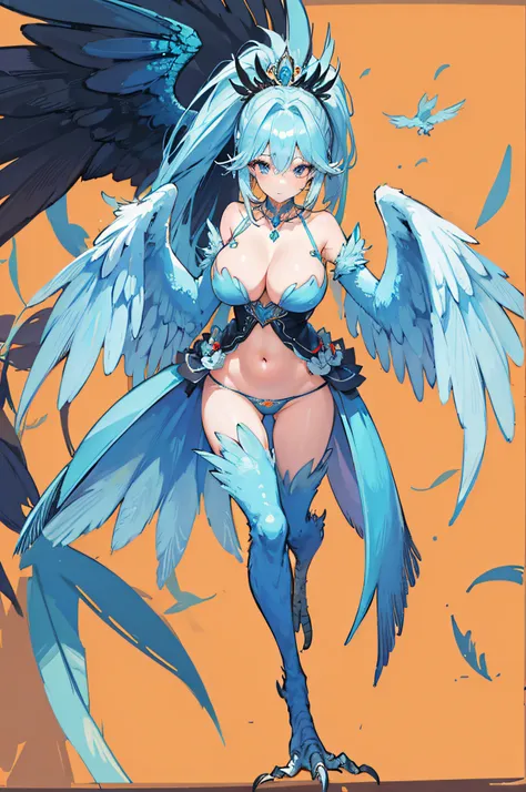 4k,hight resolution,one woman,harpy,lightblue hair,long ponytail,huge tit,large white wings,orange claws,the queen's tiara,black...