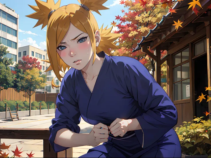 Masterpiece, absurderes , (Intricate details), (Colorful),Cinematic lighting,Bust Up Shot,Extremely detailed Cg Unity 8K wallpaper,Temari(Boruto), 1girll, Mature female,blue kimono, Sitting, Outdoors, (Falling leaves:1.3), Autumn leaves, (Autumn), Sunlight...