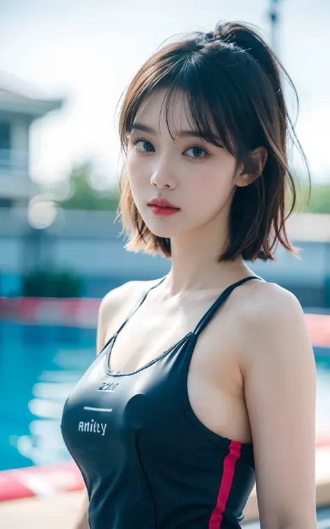 Highly detailed CG unity 8k wallpaper, Top  Quality, A highly detailed, Masterpiece, realisitic, Photorealistic, very detailed cute girl, (25 Years Old), blush, round eyes, Medium Tits, viewer, semi-body shot, swimming race suit, Swimming arena