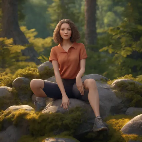 (((hd closeup photo))), girl Jagunit sitting on a rock, 25 year old, in forest