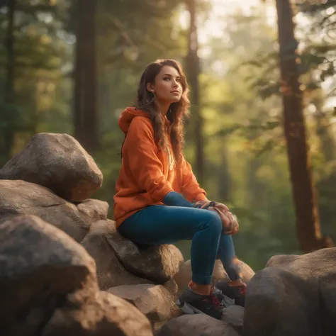 (((hd closeup photo))), girl Jagunit sitting on a rock, 25 year old, in forest